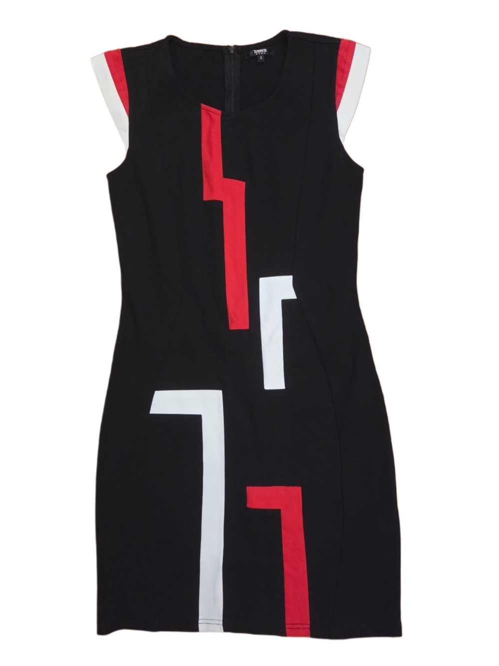 Black Sleeveless Mini Dress with Red & White Geometric Panels